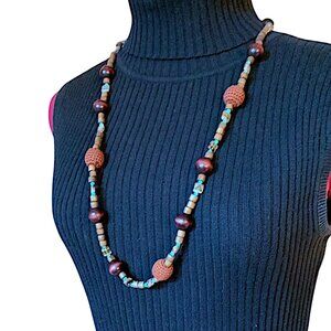URANIUM - Wood Long Strand Beaded necklace - brown & aqua accent - 36 inches